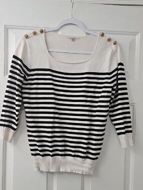 Striped Scoop Neck Sweater with Gold Shoulder Buttons - Black & Cream